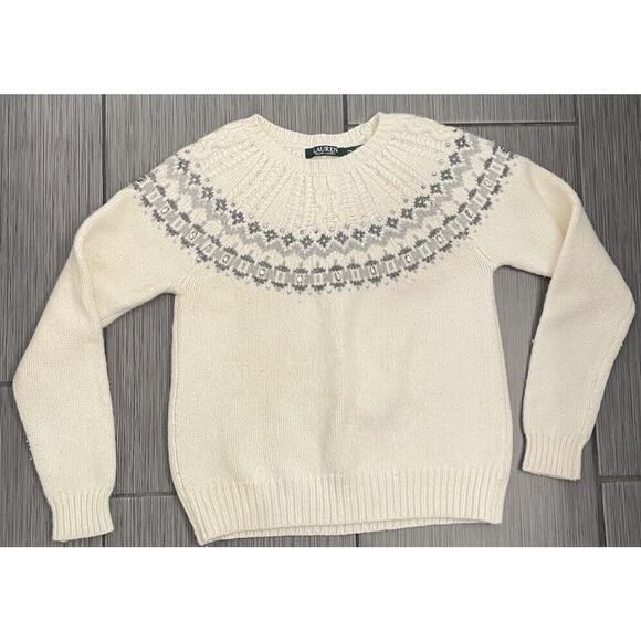 Lauren Ralph Lauren Women Beaded Embellished Fair Isle Wool Blend Sweater Size S - Picture 1 of 6